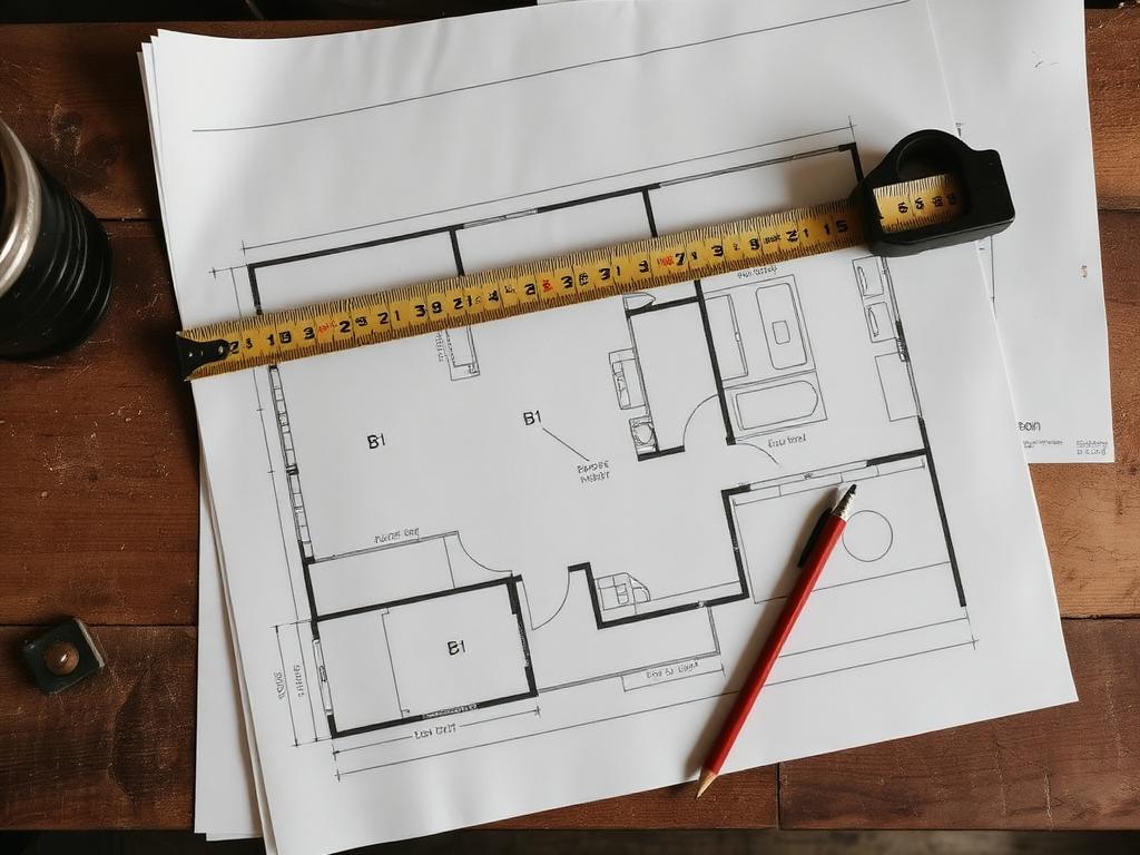 Marked-up floor plan for a basement bathroom addition with tape measure and pencil