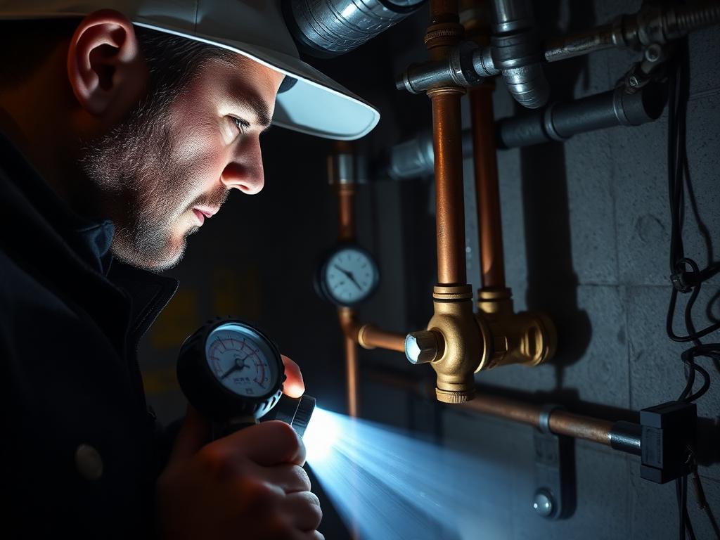 Flashlight inspection of copper and cast iron pipes with a pressure gauge in a residential basement