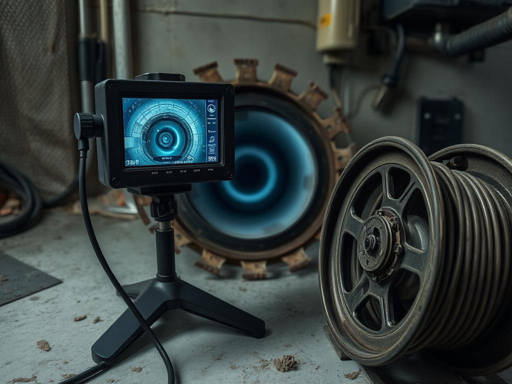 Drain camera monitor showing the inside of a sewer line beside a cable reel