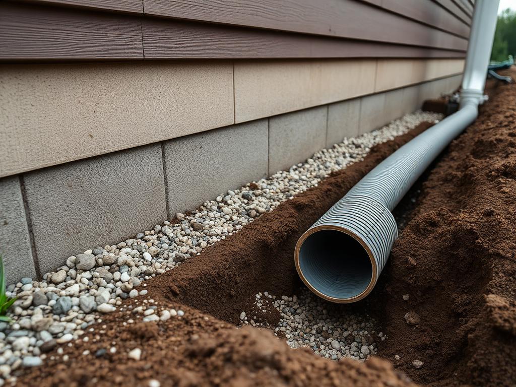 French drain trench with perforated pipe and gravel along a house foundation